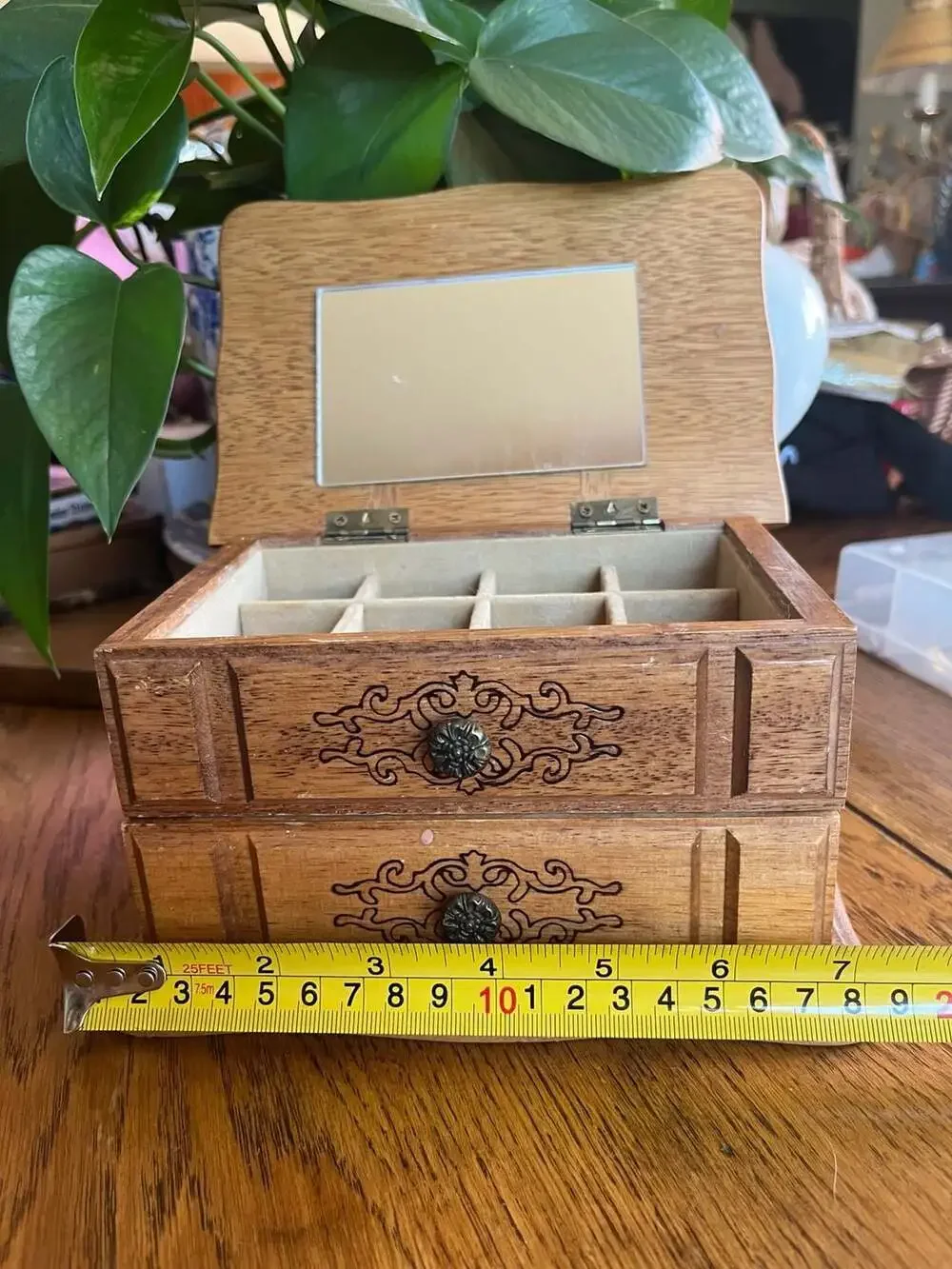 Vintage Wooden Jewelry Box; Lt Oak & Mirror